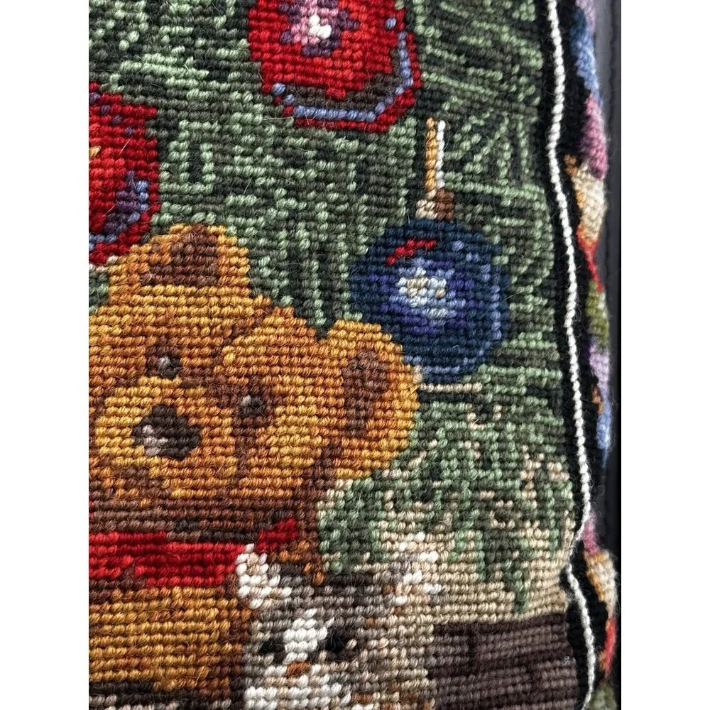 Wool Needlepoint Pillow Christmas Dog Cat Teddy Bears Tree Vintage Complete READ